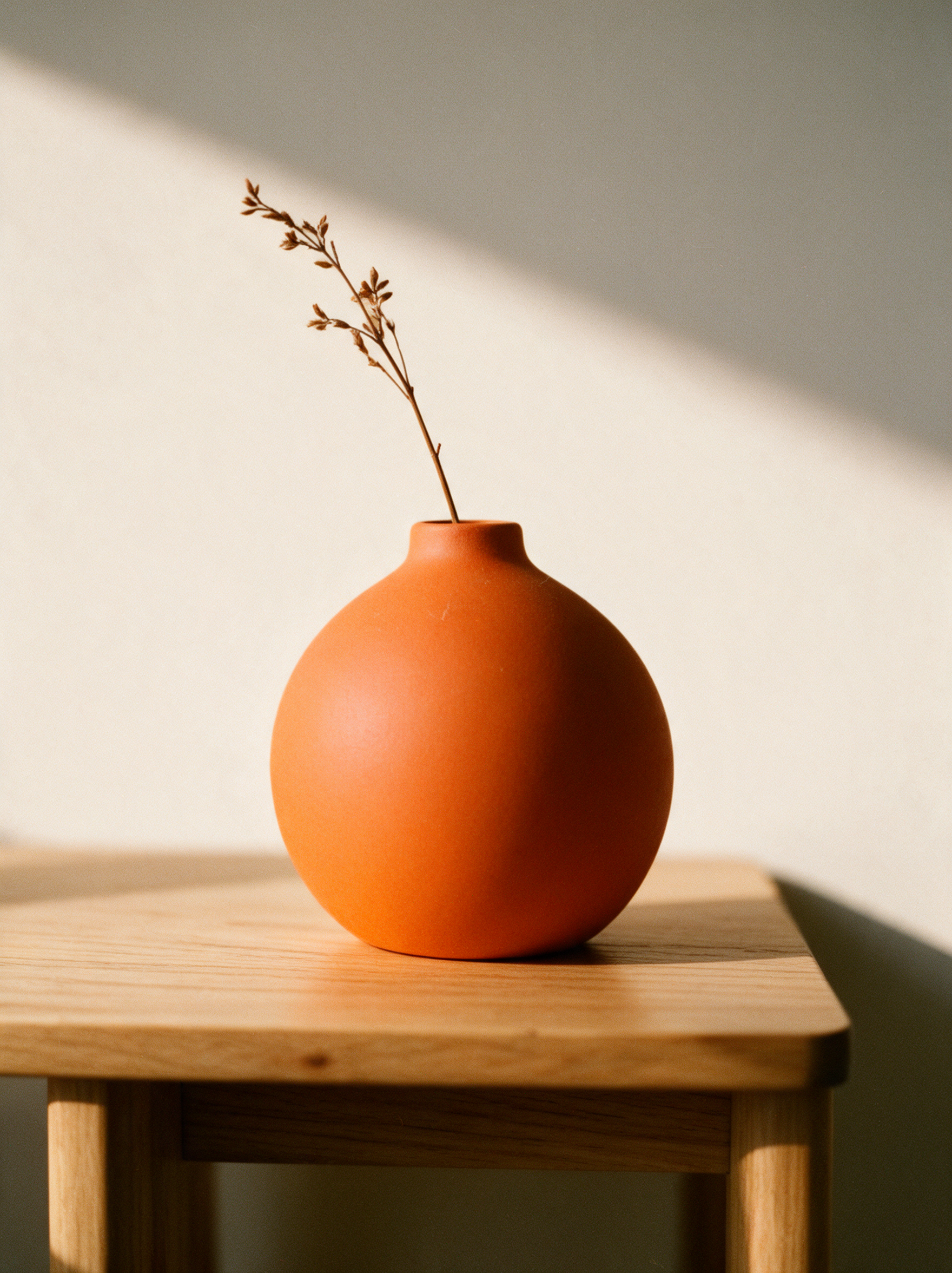 Vase Sienne boule terracotta mat avec une branche séchée, sur une table en chêne