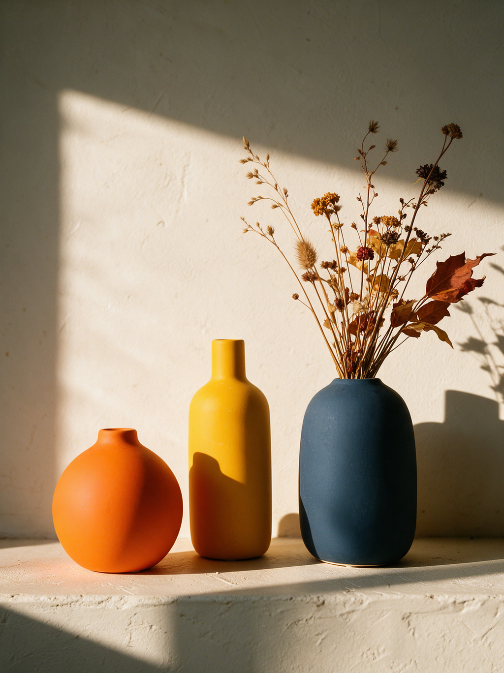 Trio de vases Sienne orange, ocre et bleu nuit avec un bouquet séché
