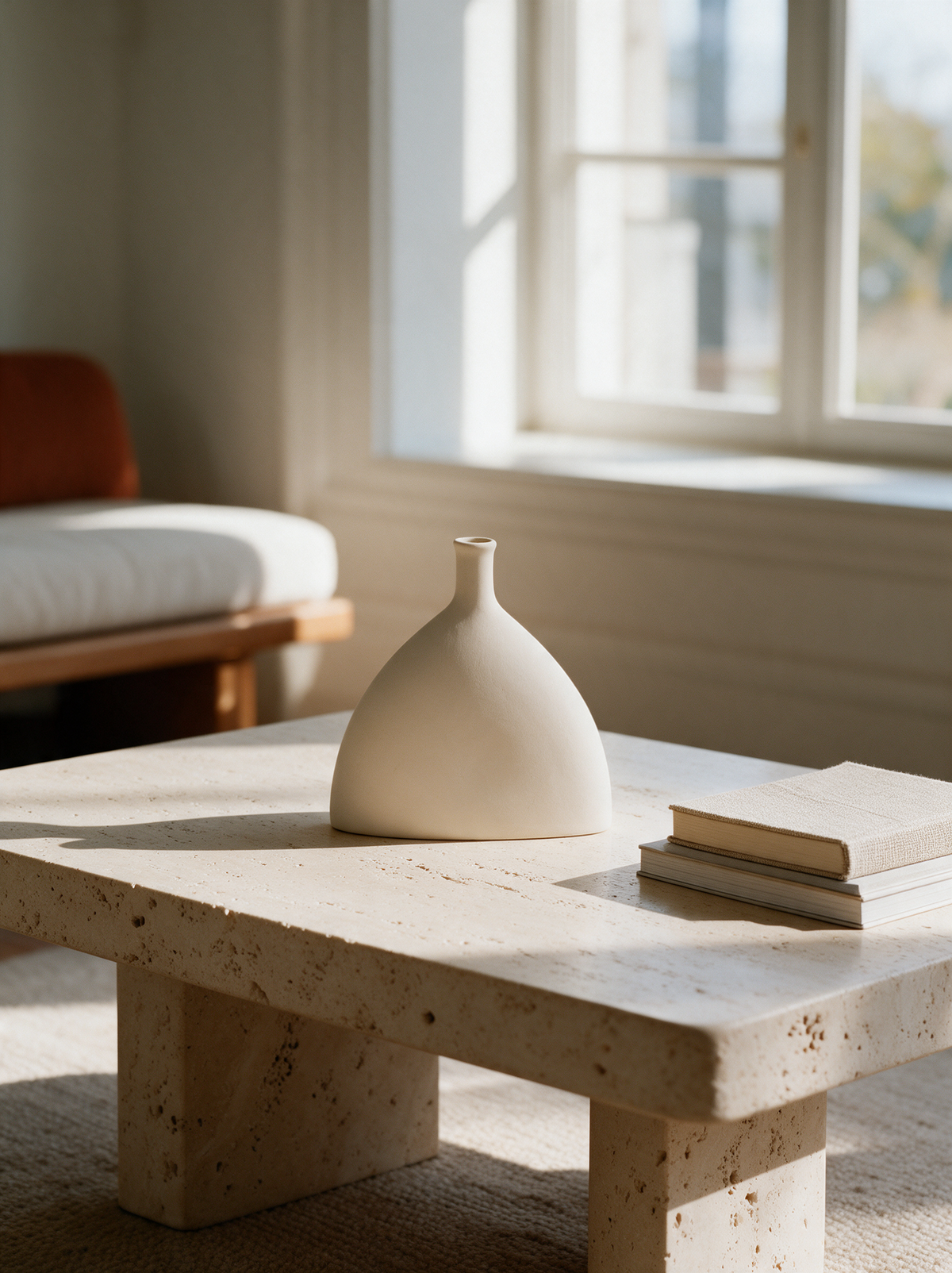Vase Arche dôme en céramique blanc cassé sur une table basse en travertin