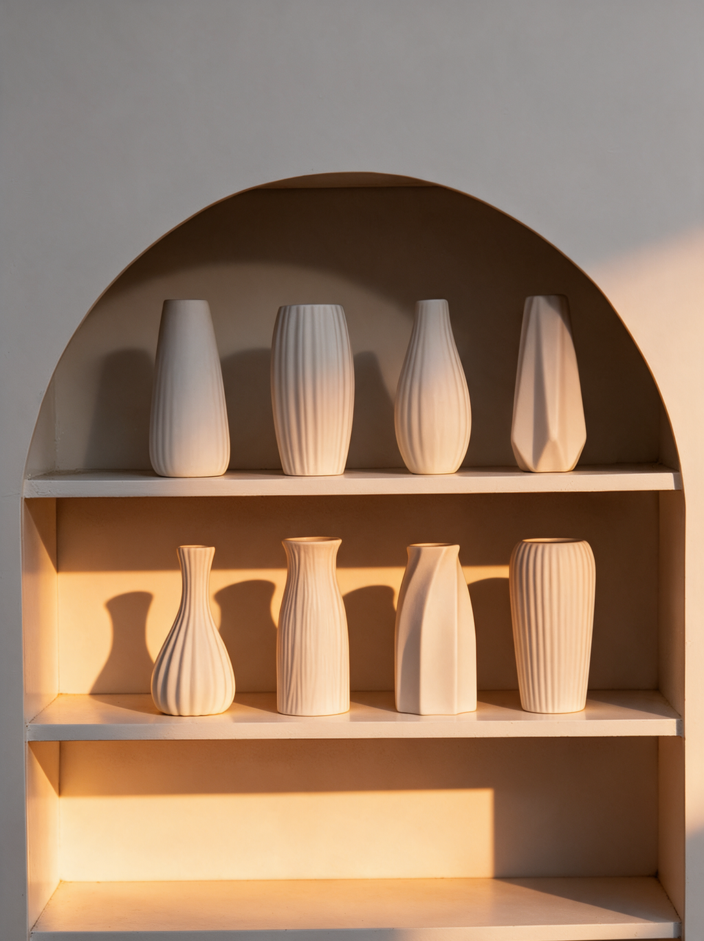 Vases Onde cannelés alignés sur une étagère arrondie, lumière de fin de journée