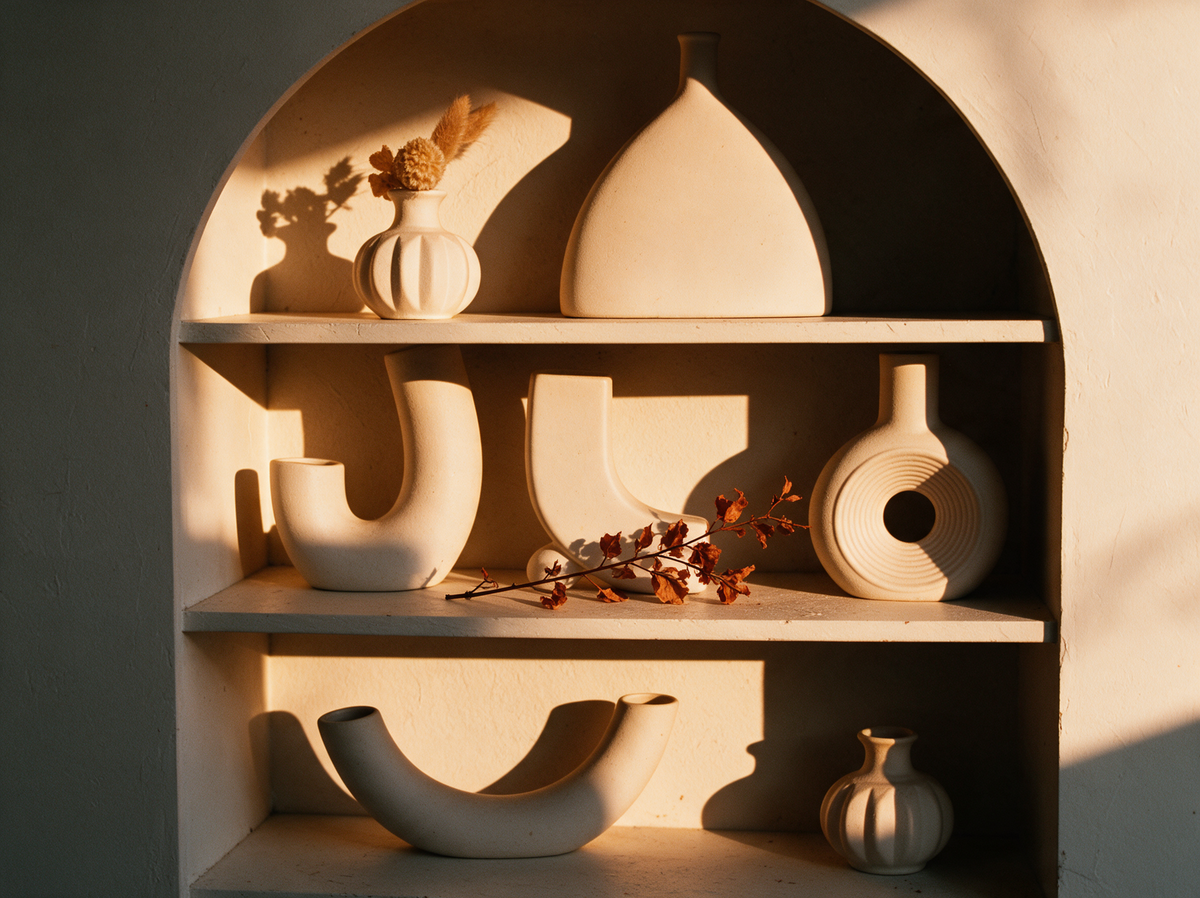 Étagère en arche garnie de vases sculpturaux crème, lumière chaude de fin de journée