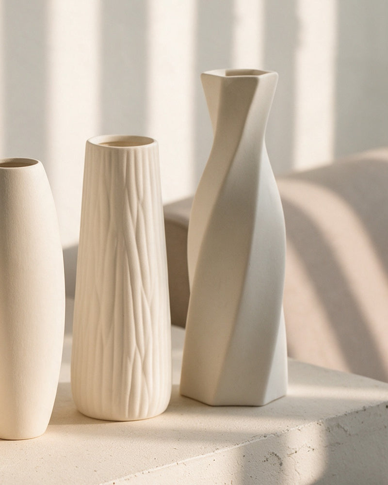 Trois vases de hauteurs différentes alignés sur un rebord en plâtre