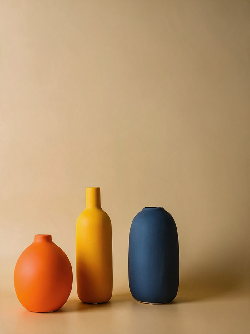 Trois vases orange, ocre et bleu nuit alignés sur fond crème